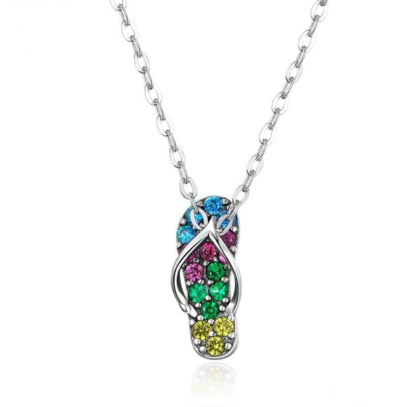925 Sterling silver flip-flop necklace with multicolor CZ stones, 18 inch chain - Picture 3 of 9